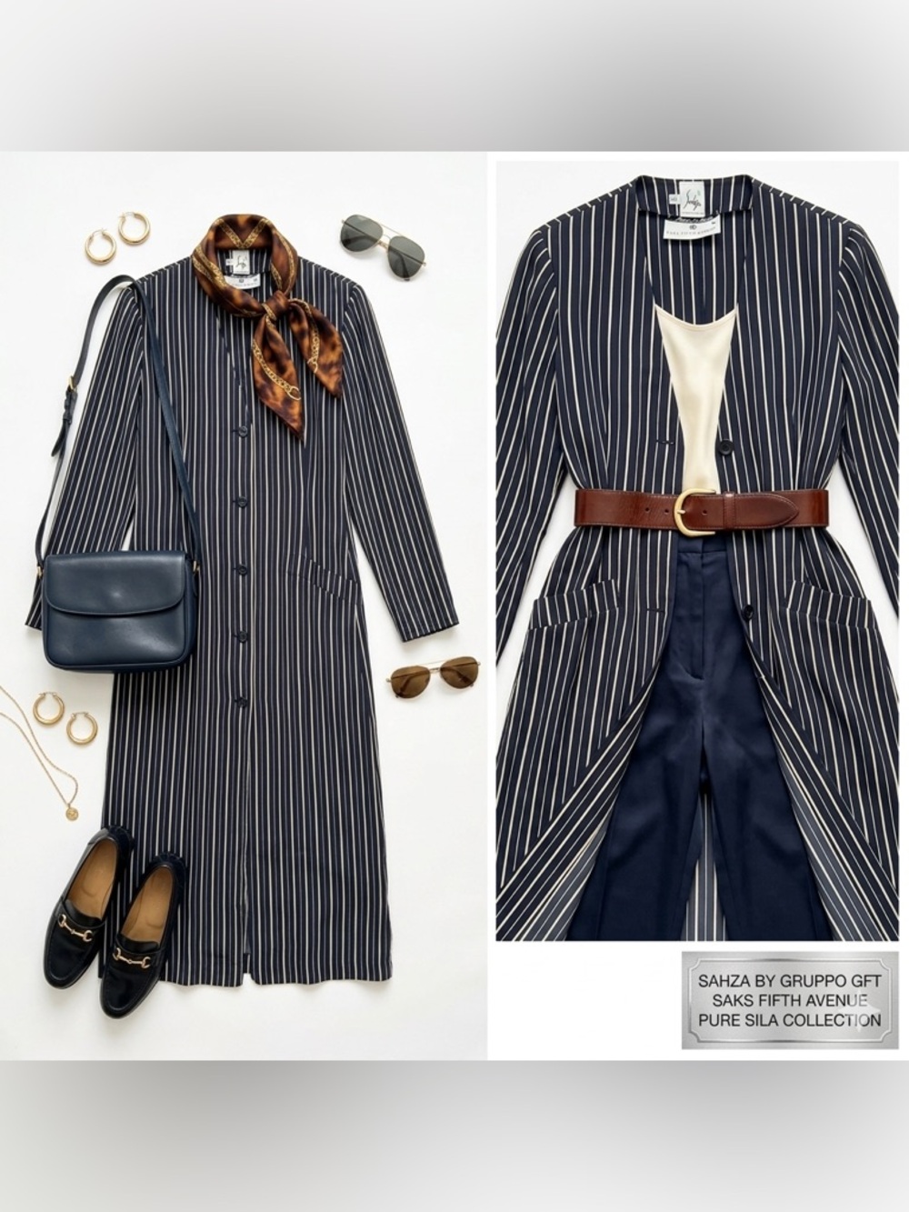 Vintage Sahza Gruppo GFT Saks Fifth Avenue Silk Striped Maxi Dress Duster Coat 6
